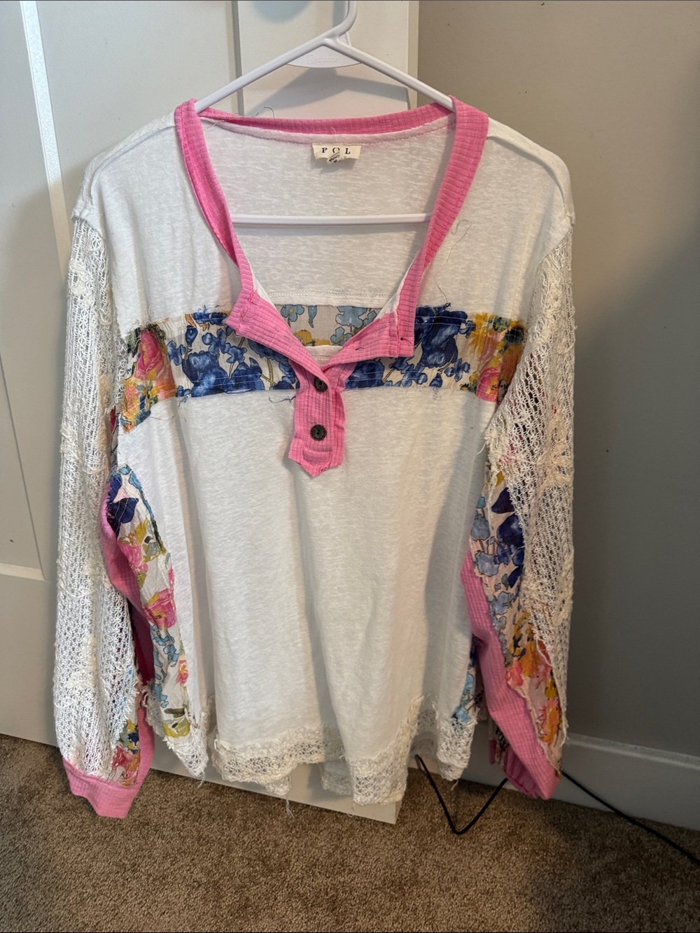 POL White Long Sleeve Top with Pink Trim and Floral Panels